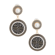 Load image into Gallery viewer, Gold Black Round Greek Key Charm Earrings
