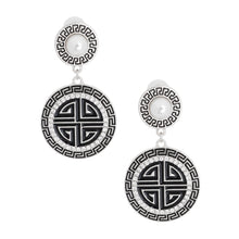 Load image into Gallery viewer, Silver Black Round Greek Key Charm Earrings
