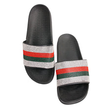 Load image into Gallery viewer, Red and Green Size 8 Designer Black Slides
