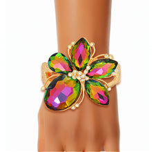 Load image into Gallery viewer, Pink Green iridescent Crystal Flower Hinge Cuff
