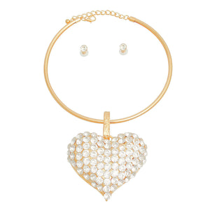 Gold Rigid Collar XL Rhinestone Heart Set