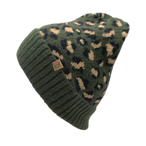 Olive Leopard Cuff Beanie