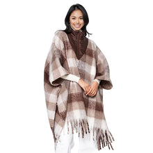 Load image into Gallery viewer, Poly Brown Plaid Long Zip Fringe Poncho for Women
