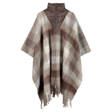 Load image into Gallery viewer, Poly Brown Plaid Long Zip Fringe Poncho for Women
