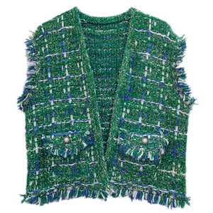 Vest Plaid Tweed Green Vest for Women