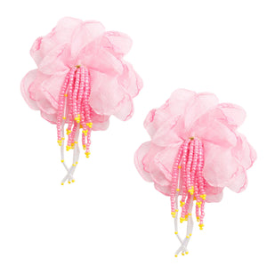 Drop Pink Fabric Flower Bead Earrings for Women