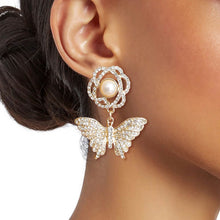 Load image into Gallery viewer, Gold Rose Butterfly Rhinestone Earrings
