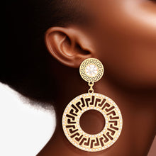 Load image into Gallery viewer, Gold Rhinestone Round Greek Key Earrings
