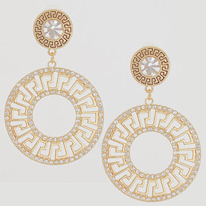 Gold Rhinestone Round Greek Key Earrings