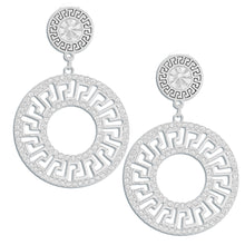Load image into Gallery viewer, Sparkle in Style: Silver Rhinestone Greek Key Earrings- 3 Inches

