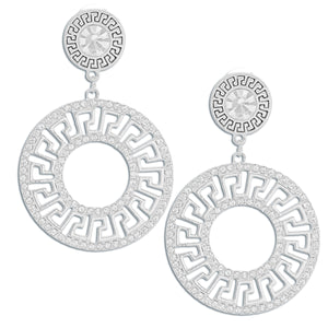 Sparkle in Style: Silver Rhinestone Greek Key Earrings- 3 Inches
