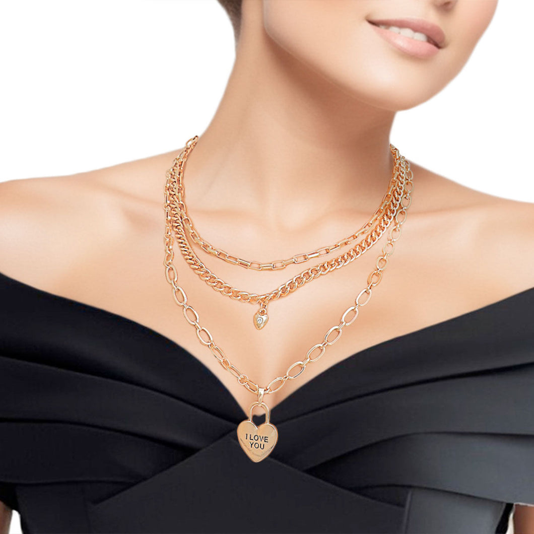 Gold 3 Layer Chain Locked Heart Dainty  Necklace Set