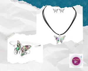 Abalone Butterfly Cord Necklace, Earrings & Bracelet 3Pc. Set