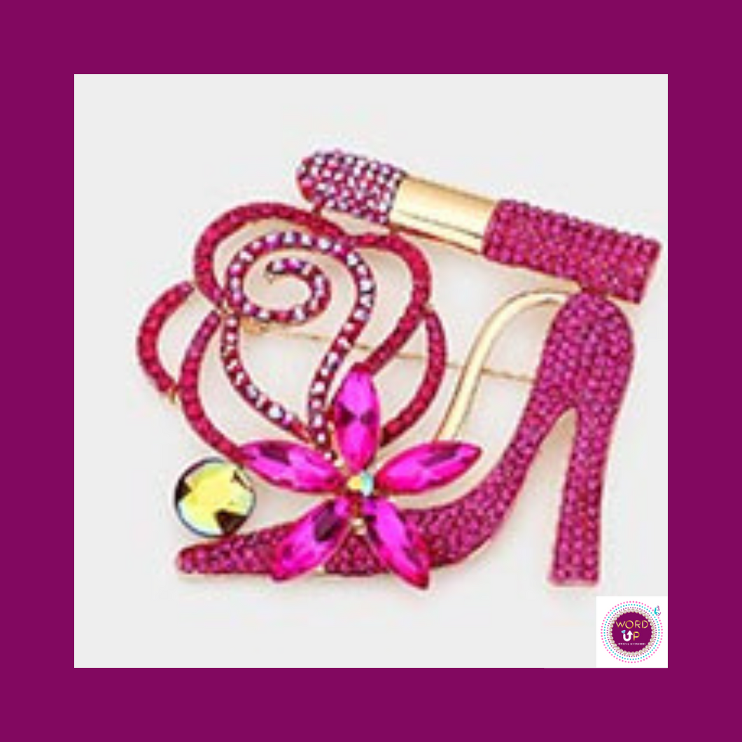 Shoe & Lipstick Rhinestone Brooch Pin - Fuchsia