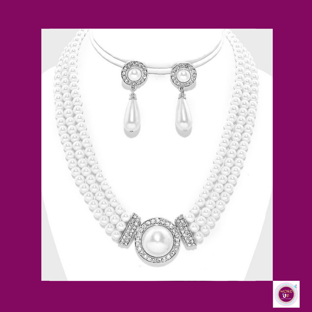 White Pearl Rhinestone Necklace & Earrings 2Pc