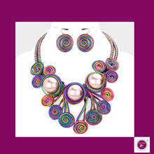 Load image into Gallery viewer, Triple Pearl Accented Swirl Metal Wire Necklace &amp; Earrings- Purple
