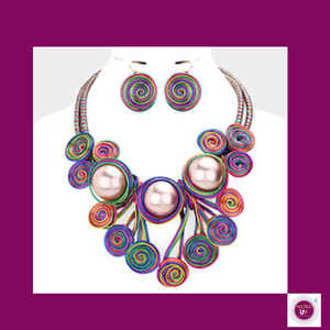 Triple Pearl Accented Swirl Metal Wire Necklace & Earrings- Purple