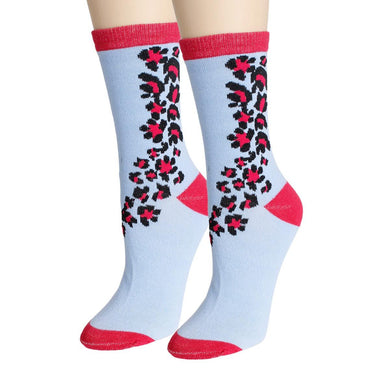 Light Blue Pink Cheetah Crew Socks